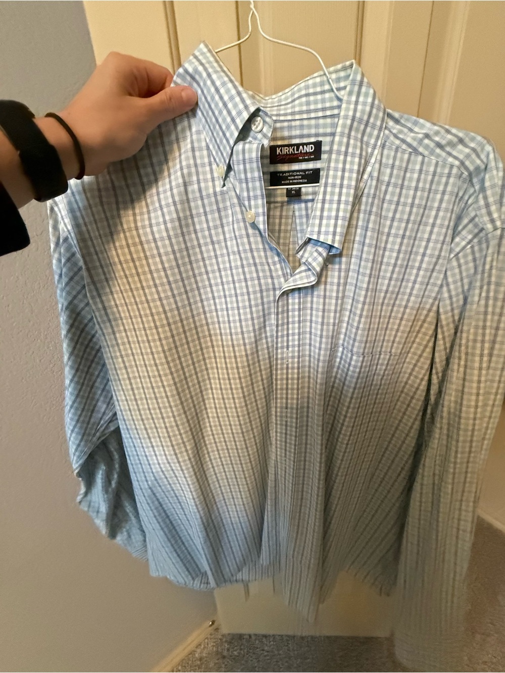 Kirkland Signature Light Blue and White Plaid Dress Shirt